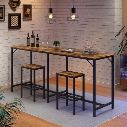 70.9" Bar Table and Chairs Set, Dining Table and Chair Sets, 3 Piece Counter Height Table and 2 Stools, Kitchen Table for Home Restaurant, Bar, Rustic Brown BT09BR - color: Rustic Brown + Black