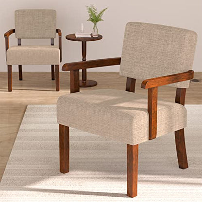 Accent Chairs Set of 2, 2 Solid Wood Armchairs with Side Table | Living Room Chairs with Soft Thicken Cushion, Comfy Reading Chair for Bedroom, Waiting Room, Home Office, Easy Assembly - color: Linen Beige, size: Set of 2 with table