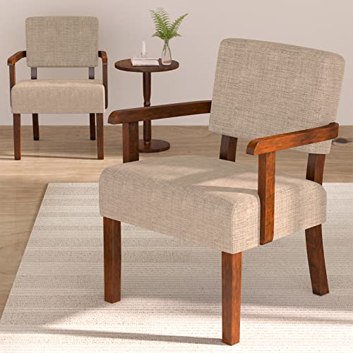 Accent Chairs Set of 2, 2 Solid Wood Armchairs with Side Table | Living Room Chairs with Soft Thicken Cushion, Comfy Reading Chair for Bedroom, Waiting Room, Home Office, Easy Assembly - color: Linen Beige, size: Set of 2 with table