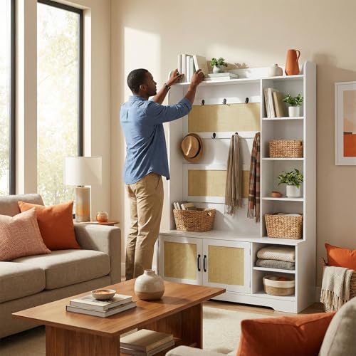 Maupvit 67" H Boho Rattan Hall Tree with LED Light, 4-in-1 Entryway Shoe Cabinet with Coat Rack, Cushioned Bench & Hidden Storage, Freestanding Mudroom Bench with Hooks & Shelves for Hallway, Foyer