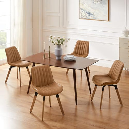 Mid Century Upholstered Swivel PU Dining Chairs Set of 4 Red Brown | 360° swivel curved foam-padded seat armless design dining room chairs accent chairs solid wood legs floor protection pads - color: Red Brown, size: Set of 4-PU