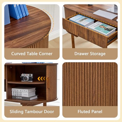 Home Office Oval Desk with Sliding Tambour Door and Drawer, Modern Fluted Wood Executive Computer Storage Desk for Study, Living Room, Bedroom, Office - Walnut - color: Walnut