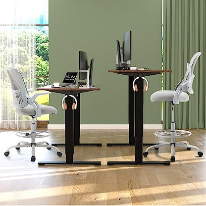 DUMOS Tall Drafting Chair, High Office Chair for Standing Desk | Flip-up Arms, Counter Height Adjustable, Mid Back Mesh, 360° Rolling Swivel Wheels, Grey - color: Grey, size: 18.5"D