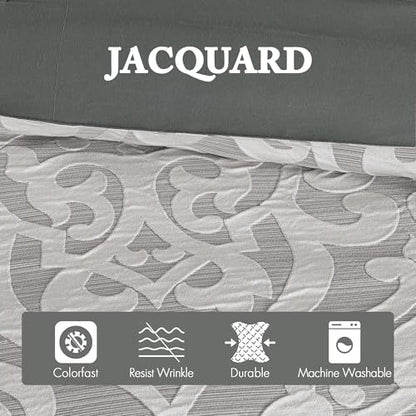 Madison Park Odette Cozy Comforter Set Jacquard Damask Medallion Design - Modern All Season, Down Alternative Bedding, Shams, Decorative Pillows, Queen(90 in x 90 in), Silver 8 Piece | All Season Down Alternative Bedding with Comforter, Shams, Bed Skirt,