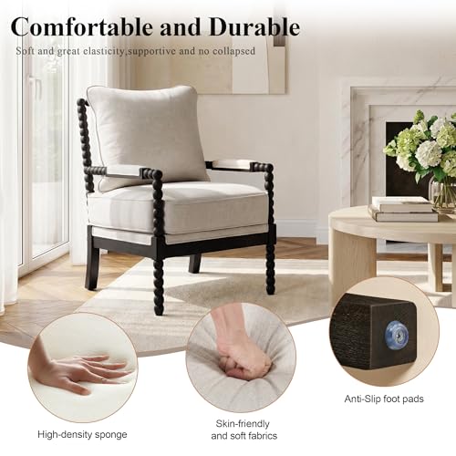 DUHOME Linen Fabric Spindle Accent Chairs Set of 2,Bobbin Chair with High Resilience Spring Cushion and Armrest Pads, Leisure Armchair for Living Room Bedroom Farmhouse Home Office Belcony - color: Black+cream, size: 2 pcs