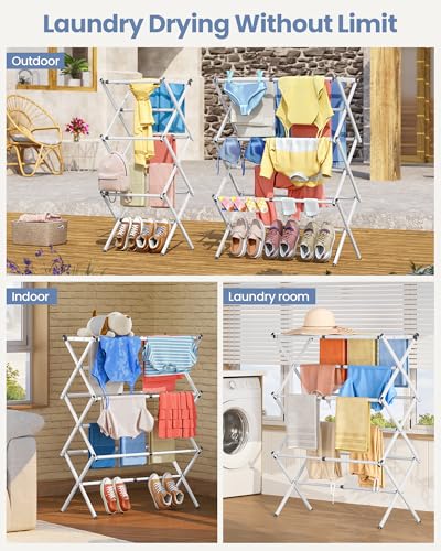 Oversize 3-Tier Clothes Drying Rack, No Install, White | Expandable Design, Non-slip feet, Tool-free Setup, Rust Prevention, Sturdy Construction, 14.9" D x 29.3" W, Holds 24lbs - color: White