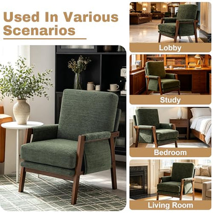 RNKSFX Green Accent Chair for Bedroom & Living Room, Mid Century Modern Accent Arm Chair, Upholstered Anthropologie Accent Chair with Solid Wood Frame, Fabric - color: Green