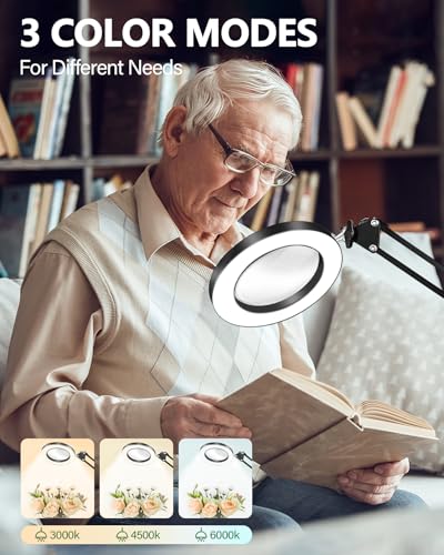 TANYO 10X Magnifying Glass with Light, 3 Color Mode, Hands Free | Real Glass Lens, Dimmable LED Light, C-Clamp, Flexible Desk Magnifier for Jewelry Sewing Crafts Embroidery Repair