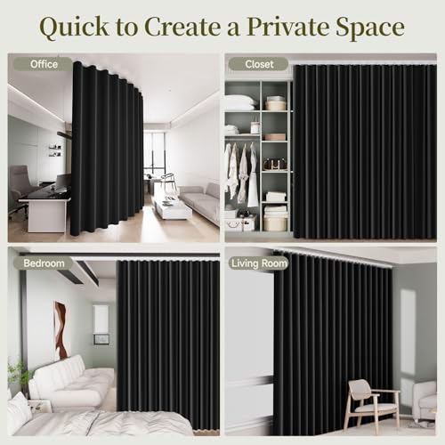 Room Divider Curtains Set, Extra Wide Blackout Curtains with Mounted Track | 100% Blackout, 3-Layer Soft Breathable Fabric, Thermal Insulated, Silding Wall Divider for Bedroom,Apartment, Space Partition - color: Black, size: 180"W x 96"L (Pack of 1)