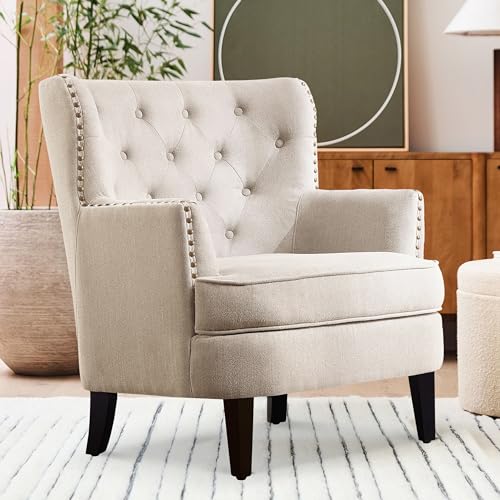 Rosevera Harris Velvet Upholstered Club Chair 34.5”H, Barrel Chair, Wingback Tufted Button Armchair, Contemporary Nailhead Accent Chair for Living Room, Bedroom, Recreation Room, Entryway, Small Space - color: Natural Beige