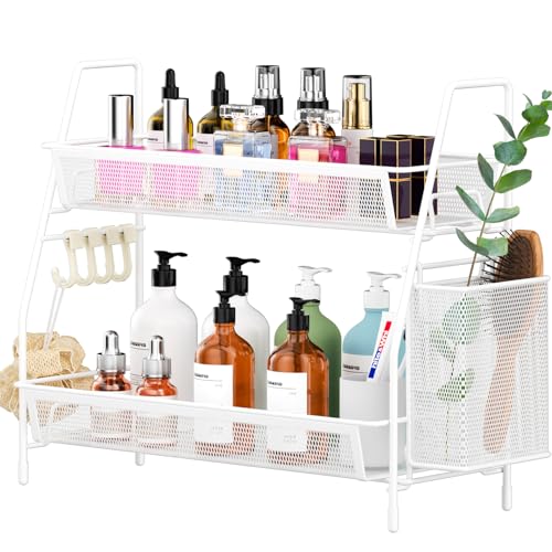 VITVITI 2 Tier Bathroom Countertop Organizer, Vanity Storage Shelf, White | Bathroom Counter Organizer, Vanity Makeup Tray Shelf, Kitchen Spice Rack, Metal Wire Mesh, with Basket Hooks - color: 2 Tier Large White