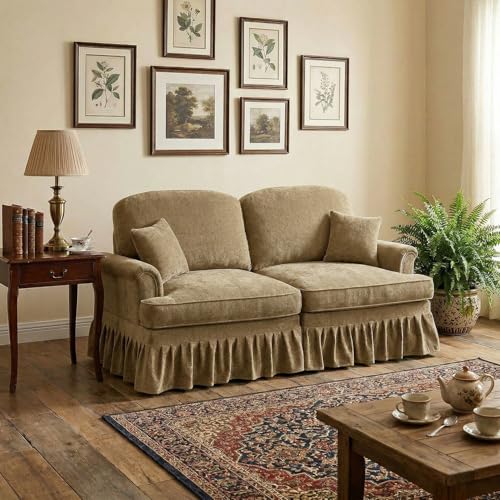 Modular Loveseat Sofa Couch, 2 Seat Comfy Chenille Sofa with Removable Ruffled Skirt, Flared Armrests, Sturdy Legs, Convertible Loveseat for Living Room, Bedroom, Apartment (Coffee) - color: Coffee, size: 76.4 Inch