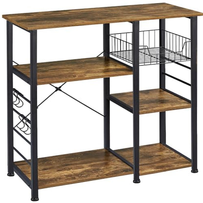 Yaheetech 4-Tier Bakers Rack,Microwave Stand for Coffee Bar,Rustic Brown | Metal Coffee Station, Kitchen Racks Shelf with Storage,Wire Basket, Hooks,Adjustable Feet for Kitchenette,Small Apartment