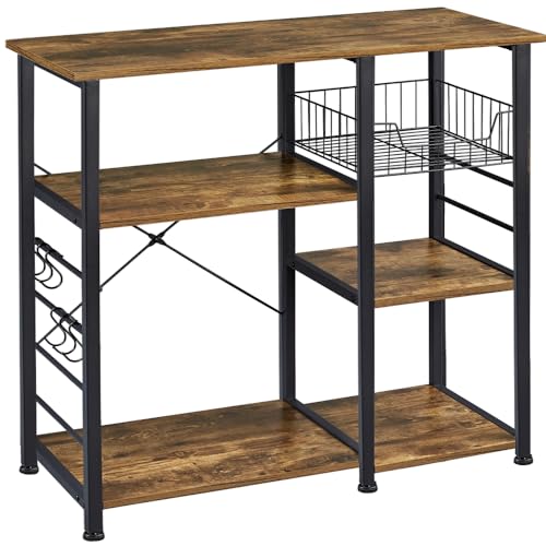 Yaheetech 4-Tier Bakers Rack,Microwave Stand for Coffee Bar,Rustic Brown | Metal Coffee Station, Kitchen Racks Shelf with Storage,Wire Basket, Hooks,Adjustable Feet for Kitchenette,Small Apartment