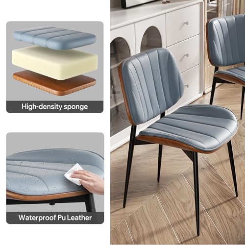 Dining Chair, Mid Century Modern Dining Room Chairs, Upholstered Faux Leather Kitchen Chairs with Walnut Bentwood Back and Metal Legs for Kitchen Dining Room Living Room, Blue - color: Blue, size: Set of 1