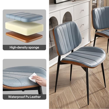 Dining Chair, Mid Century Modern Dining Room Chairs, Upholstered Faux Leather Kitchen Chairs with Walnut Bentwood Back and Metal Legs for Kitchen Dining Room Living Room, Blue - color: Blue, size: Set of 1
