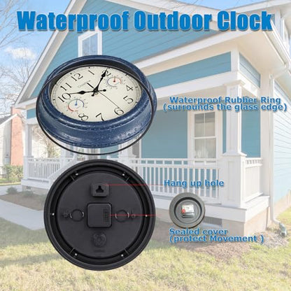 Crosstime 12 Inch Outdoor Clock Waterproof with Thermometer & Hygrometer – Silent Retro Wall Clock for Patio, Pool, Porch, Backyard, Bathroom – Blue - color: 12" Blue