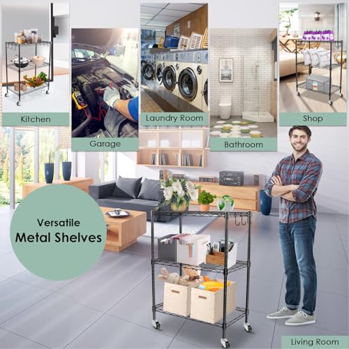 3-Tier Storage Shelves, Heavy Duty Metal Shelves Wire Rack Shelving Unit, Adjustable Shelf with Wheels for Home Office Garage Kitchen Bathroom,23.4" Wx13.6 Dx32.5 H - size: 3Tier 23.4"W x 13.6"D x 32.5"H
