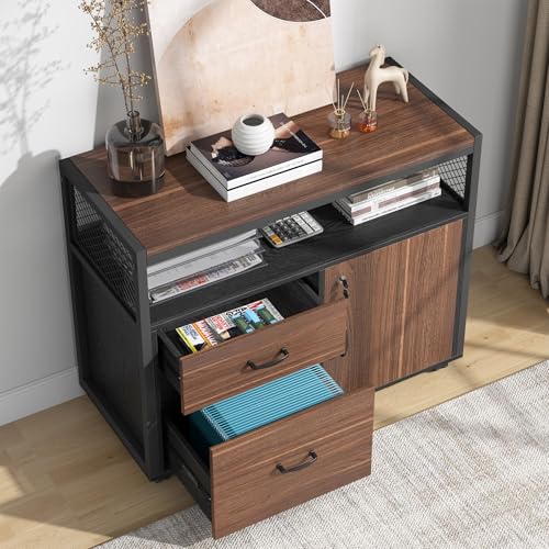 Tribesigns Modern File Cabinet with Drawers for Letter-Sized File and Door, Lockable lateral Filing Cabinet Printer Stand with Storage Shelves and with Rolling Caster for Home Office (Dark Walnut) - color: Dark Walnut