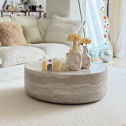 31.49'' Round Coffee Table in Faux Marble, Modern Circle Fiberglass Drum Stone Center Table Side Table Tea Table for Living Room, No Need Assembly (Mars Pattern) - color: 31.49" Round, Mars Pattern