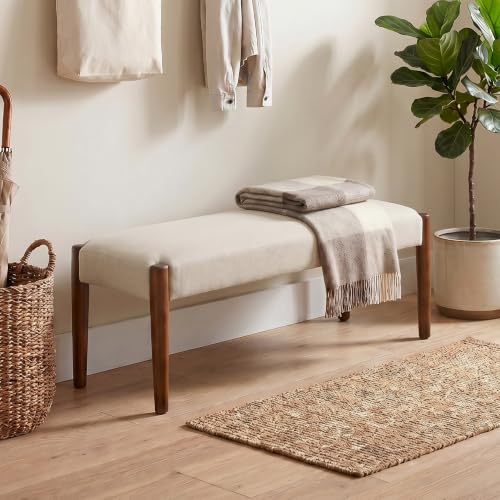 Usaint 42" End of Bed Bench with Wood Legs, Beige with Walnut Leg | Modern Upholstered Bedroom Bench with Rubberwood Legs, Entryway Bench with Cushion, Dining Bench for Living Room, Bedroom - color: Beige With Walnut Leg