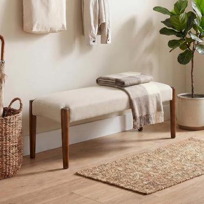 Usaint 42" End of Bed Bench with Wood Legs, Beige with Walnut Leg | Modern Upholstered Bedroom Bench with Rubberwood Legs, Entryway Bench with Cushion, Dining Bench for Living Room, Bedroom - color: Beige With Walnut Leg