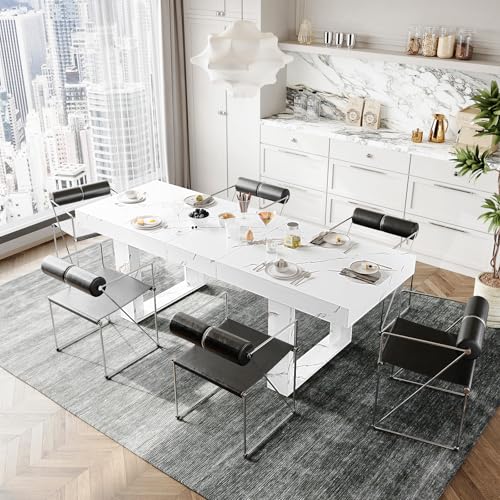 71-87 Inch White Extendable Dining Table, Seats 6-10, Modern Kitchen Table | STHOUYN Expandable Dining Room Table, White Marble-Look Finish, Modern Rectangle Design, Seats 6-10, Kitchen Dinner Table - color: White