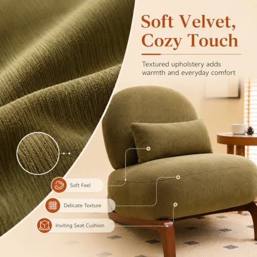 Modern Velvet Armless Accent Chair with Solid Wood Legs, Upholstered Single Lounge Chair, Comfy Reading Chair for Living Room, Bedroom & Reading Nook (Green + Fabric, 1 Pack, Solid Wood) - color: Green + Fabric, size: 1 Pack