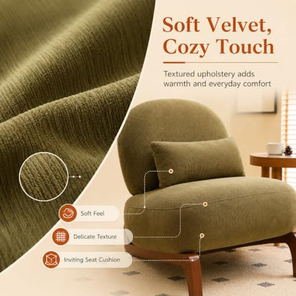 Modern Velvet Armless Accent Chair with Solid Wood Legs, Upholstered Single Lounge Chair, Comfy Reading Chair for Living Room, Bedroom & Reading Nook (Green + Fabric, 1 Pack, Solid Wood) - color: Green + Fabric, size: 1 Pack