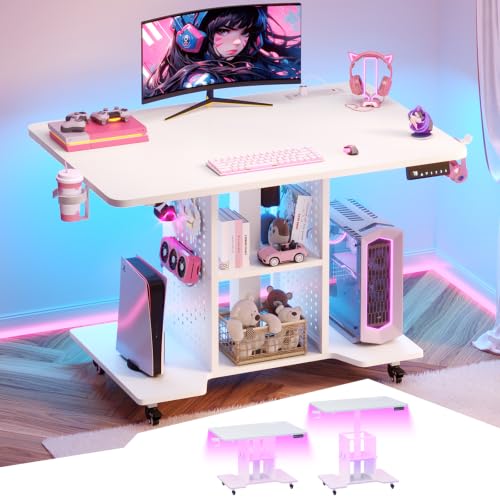 SEDETA Small Standing Gaming Desk, 31.5" Rolling Computer PC Desk Electric Height Adjustable with Power Outlet, Pegboard & Storage Shelves, RGB LED Light, for Small Spaces/Bedroom/Gaming, White - color: White