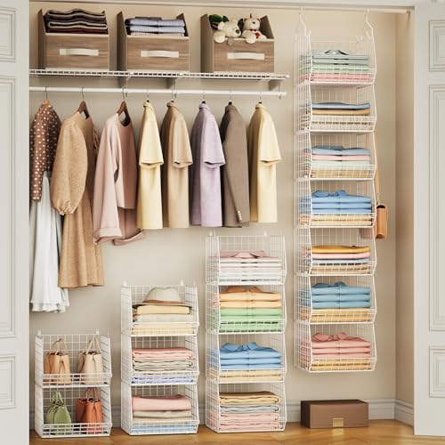 7 Tier Hanging Closet Organizer and Storage, Foldable Wire Closet Shelving with 4 Large Hooks+5 S Hooks,Hanging Basket for Clothes Sweaters Shoes Handbags,Wardrobe Kitchen Laundry Room-White - color: White, size: 7-Tier