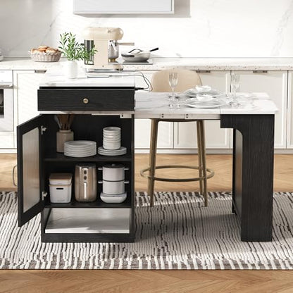 59.5" Kitchen Island with Extendable Dining Table, Kitchen Storage Table with Double-Sided Storage & 2 Drawers, Power Outlet, Side Open Shelves, for Dining Room (Black3) - color: Black3