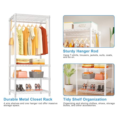 H4 Mini Portable Closet, 4 Tiers Freestanding Clothing Garment Rack for Small Space, Metal Clothes Wardrobe System for Bedroom, 23.6" W x 14" D x 76.4" H, Load 502 lbs, White | Metal Clothes Wardrobe System for Apartment, Small Space and Bedroom, Load 502