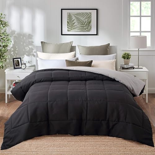 EVOLIVE Microfiber ReversibleComforter Full/Queen (Black/Grey) | Soft brushed microfiber with down-alternative fill offers medium-weight warmth, box stitching, and easy machine care. - color: Black/Grey, size: Full/Queen