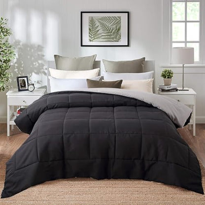 EVOLIVE Microfiber ReversibleComforter Full/Queen (Black/Grey) | Soft brushed microfiber with down-alternative fill offers medium-weight warmth, box stitching, and easy machine care. - color: Black/Grey, size: Full/Queen