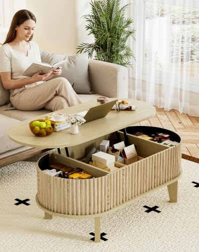 Oval Coffee Table with Lifting Top, 41" Fluted Coffee Table with Storage for Living Room or Home Office, Oak - color: Oak