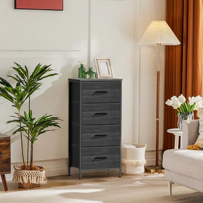 DUMOS Nightstand, Bedside Table with 4 Fabric Drawers | Night Stand with Removable Bins, Steel Frame Wood Top, Small Dresser for Bedroom Closet - color: Black, size: 11.8"D x 17.7"W x 37.4"H (4 Drawers)