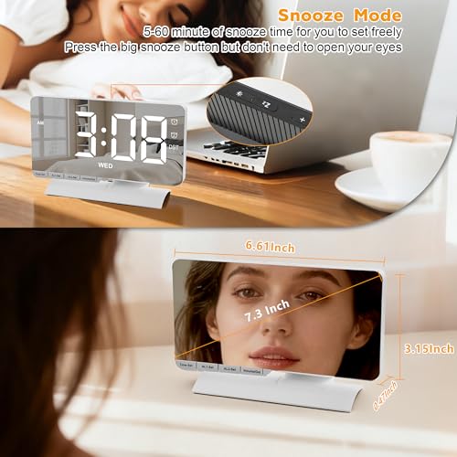 Digital Clock,Alarm Clock Bedside,7.3'' Large LED Mirror with Date Display,Dual Alarm with 3 Mode,Brightnee Adjust,DST,Snooze Function,USB C Charging Port,5 Levels Volume for Desk Bedroom Teens - color: White