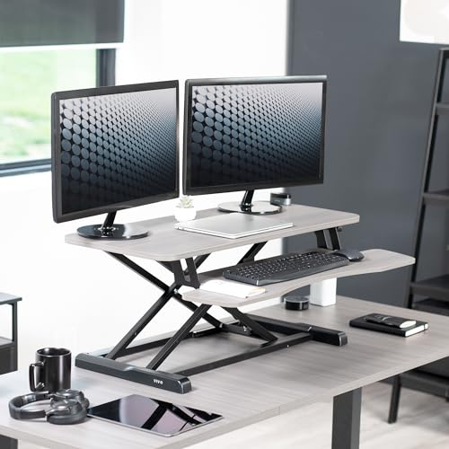 VIVO Dark Gray 36 inch Standing Desk Converter, DESK-V036KG | Height Adjustable, Stand Up Desk Riser, Wide Keyboard Tray, Dual Monitor and Laptop Workstation, Black Frame, K Series - color: Dark Gray, size: 36"