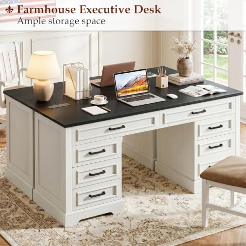 Vabches Farmhouse Executive Desk with Charging Station, White and Brown | 55'' Large Wooden Computer Desk with 7 Drawers, Workstation Computer Desk with File Cabinet for Home Office and Study - color: Rustic White and Rustic Black