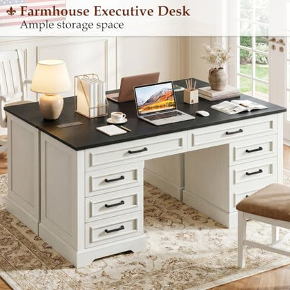 Vabches Farmhouse Executive Desk with Charging Station, White and Brown | 55'' Large Wooden Computer Desk with 7 Drawers, Workstation Computer Desk with File Cabinet for Home Office and Study - color: Rustic White and Rustic Black