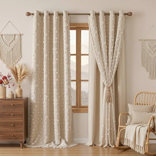 MYSKY HOME Double Layer Curtains for Girls Bedroom Kids Curtain Beige Pom Pom Sheer Window Curtains 2 Panels Beige Curtains Grommet Room Darkening Solid Nursery Curtains 63 Inches Length, W52 X L63 - color: Z-beige, size: 52"W x 63"L (Pack of 2)