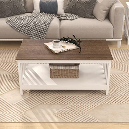 ChooChoo Farmhouse Coffee Table, White Living Room Table with Shelf, 40 Inch - color: White, size: 22"D x 39.9"W x 18.1"H