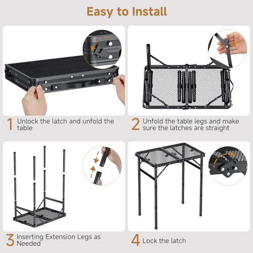 Folding Camping Table, 22.8"x15.7" Picnic Table, 3 Adjustable Height | 2-Fold Mesh Black Aluminum, Handle for Party Dining Garden Patio, Max 27.5" Folding Table