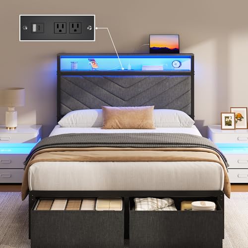 Twin Bed Frame with Upholstered Headboard, 2 Storage Drawers,Easy Assembly | Metal Platform with LED Lights, Charging Station, 2 Storage Shleves, No Box Spring Needed, Noise Free, Grey - color: Grey, size: Twin