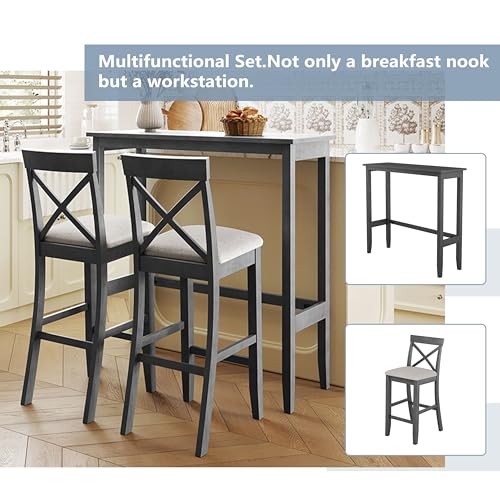 3 Piece Counter Height Dining Table Bar Table Set with 2 Chairs, Small Kitchen Table Breakfast Nook for 2, Good for Bar or Small Space, Gray - color: Grey