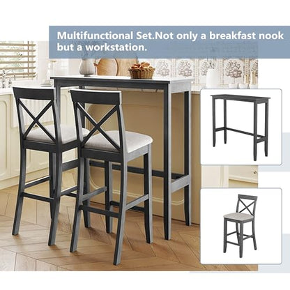 3 Piece Counter Height Dining Table Bar Table Set with 2 Chairs, Small Kitchen Table Breakfast Nook for 2, Good for Bar or Small Space, Gray - color: Grey
