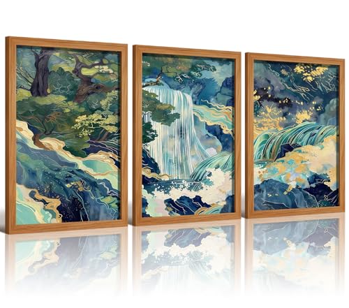 LDXCJXOR Japanese Waterfall Landscape Wall Art, 3-Piece Wooden Framed Asian Canvas Painting, Teal Gold Nature Zen Wall Decor for Living Room Bedroom, 12x16 Inch Ready to Hang - color: Japanese Waterfall Landscape Wall Art,, size: 16"L x 12"W