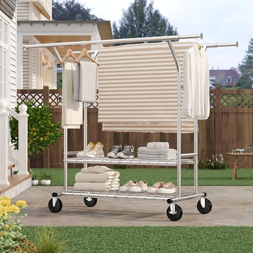 Raybee Heavy Duty Clothes Rack 630 LBS Capacity Double Rods Shelves Storage | 360°Lockable Wheels, Snap-on Design, Tool-free Assembly, Extendable Rods, Adjustable Height, Bedroom Wardrobe Closet Organize - color: Chrome