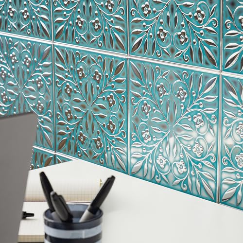 Peel and Stick Metal Tiles, Teal & Silver Leaves, 10-Pack | 8 x 8 in tile size; Covers up to 4.44 sq ft; Aluminum; Water-resistant surface; For kitchens, ceilings, DIY projects - style: Teal and Silver Leaves